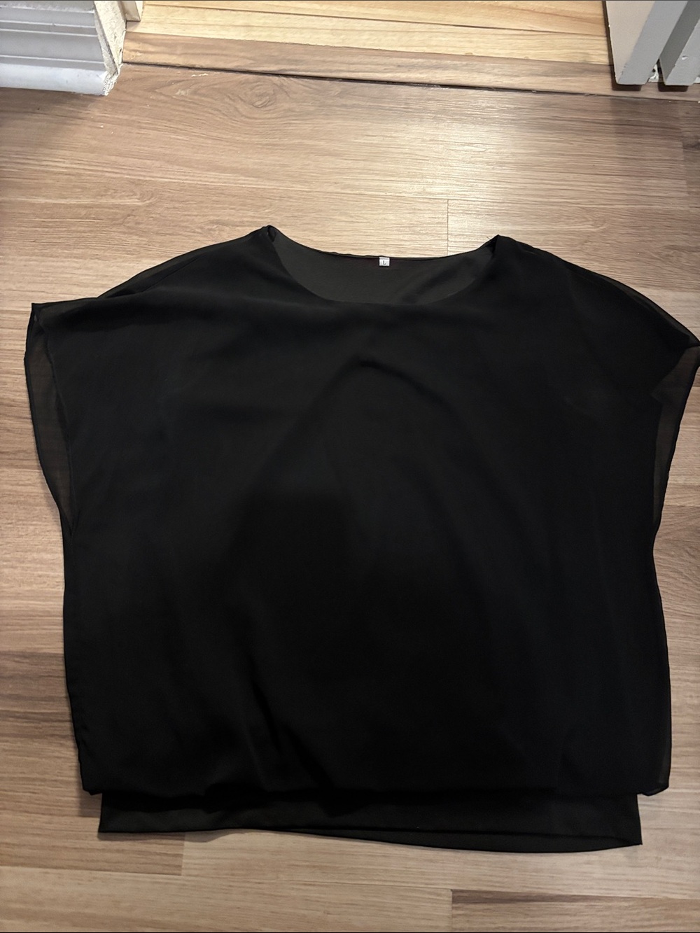 Classic Black Women's Short Sleeve batwing Blouse with chiffon overlay